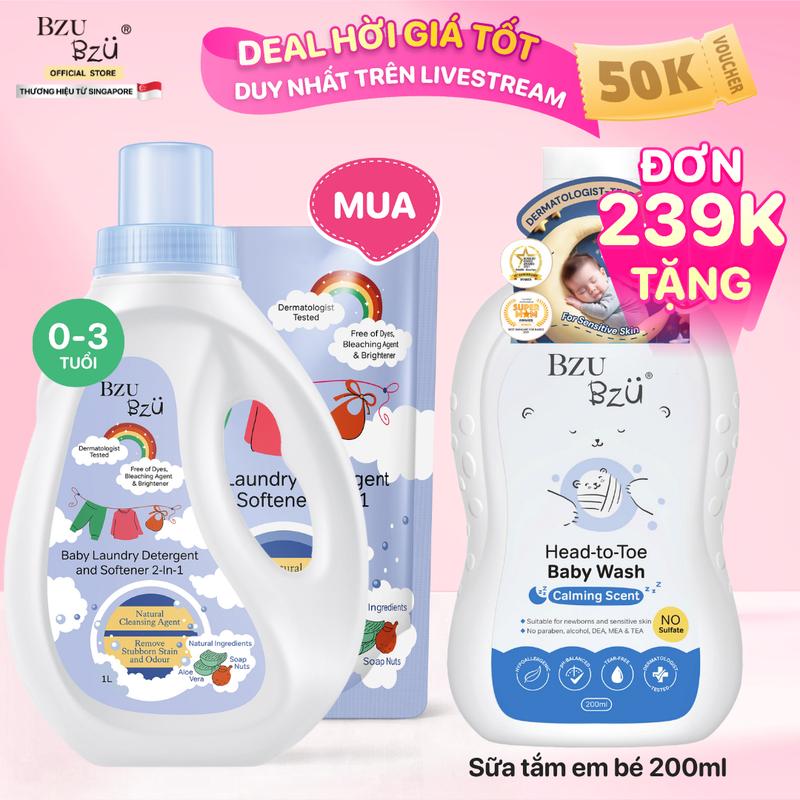 Combo 2 Nước Giặt Xả Vải Em Bé BZU BZU Baby Laundry Detergent and Softener 2 in 1 Dịu Nhẹ Cho Da Bé Túi 800ml Và Chai 1L Cho Bé