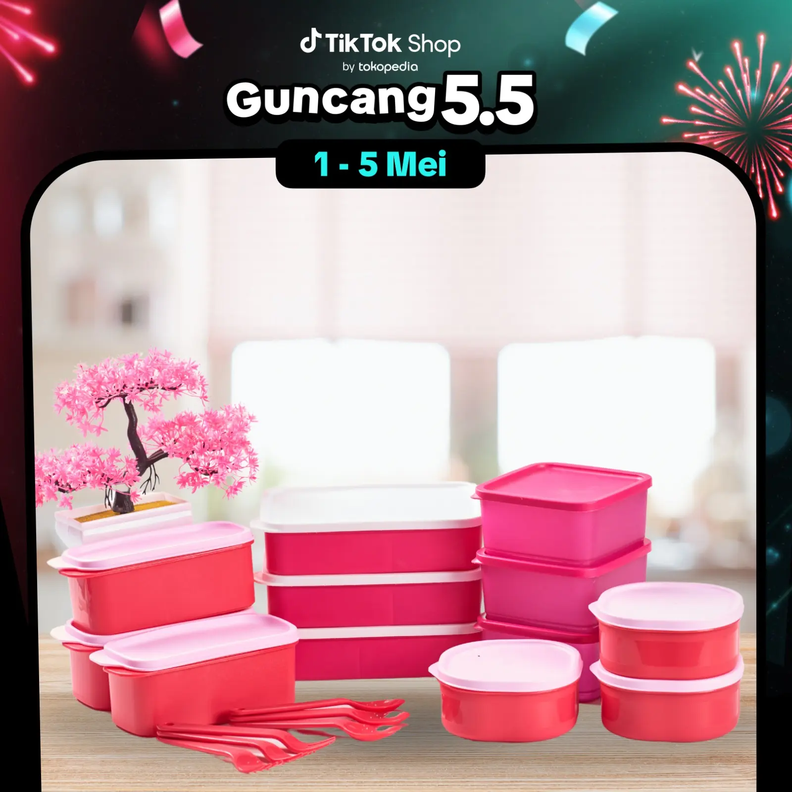 (GREBEK GUDANG KETARKETIR) CPM PAKET LUNCH BOX Plastik TEBUS MURAH 18 IN 1 Biru Garpu Hijau Pink