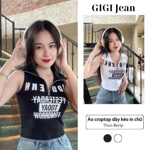 FORM NGẮN Áo Croptop Thun Borip Dây Kéo In Chữ Sát Nách 20 Nữ Women áothunnu Tre Voi
