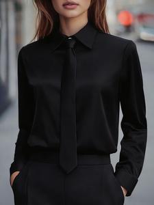 Blusa de satén elegante de color sólido para mujer, manga larga, diseño con lazada y abotonado simple, perfecta para todas las estaciones.