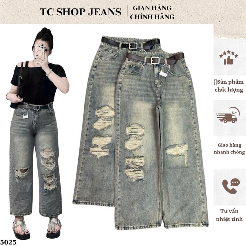 (Nấm Lùn 97cm) TCSHOPJEANS QUẦN JEAN SUÔNG RÁCH BIGSIZE MÀU BỤI DƠ QC 5025