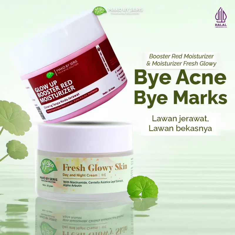 Mako by Seris - Combo 2 Produk Moisturizer Fresh Glowy Day Night Cream Glow Up Booster Acid Facial Pelembab Perawatan Pencerah Kulit Mencerahkan Jerawat Flek Hitam Muka Wanita 0