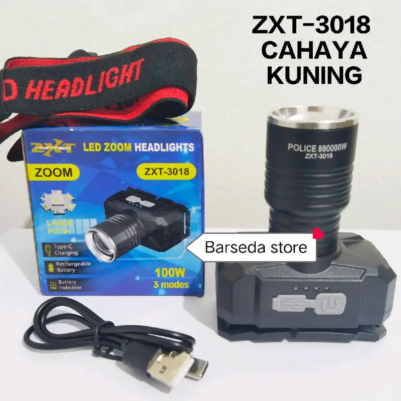 Senter Kepala Zoom Led 100 WATT ZXT-3018 Headlamp 3 Mode Cahaya KUNING Super Terang Cocok Pakai Camping Berkemah 2