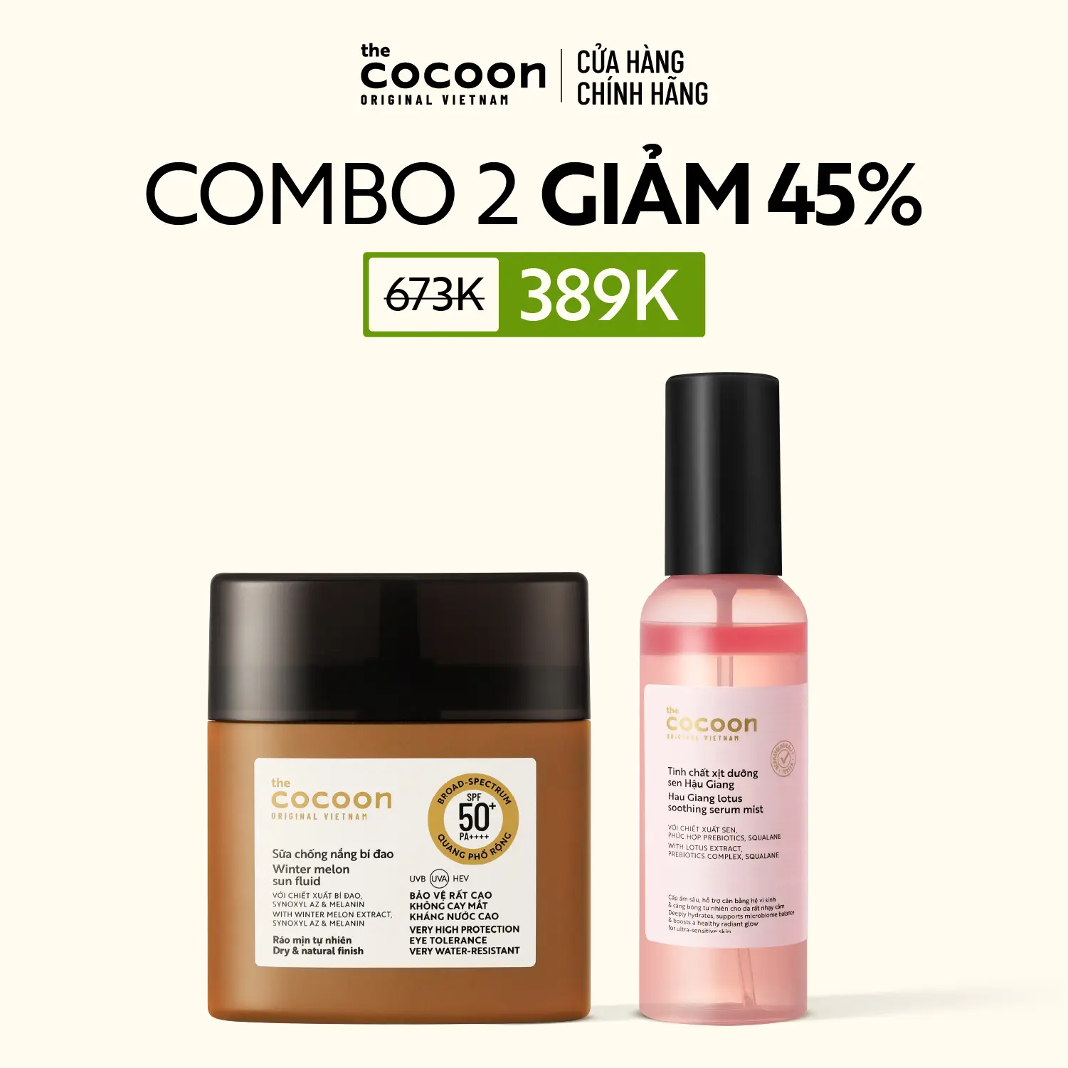 Ảnh đại diện COMBO Sữa chống nắng bí đao - Ráo mịn tự nhiên SPF 50+, UVA – PF 62.6 Cocoon 50ml + Tinh chất xịt dưỡng sen Hậu Giang 100ml