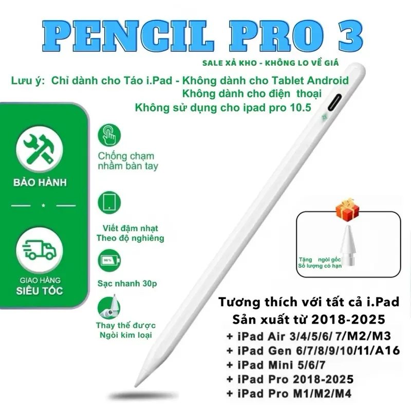 [Pencil Pro 3] Bút cảm ứng cho iPad Pro M4/M2/M1 ,iPad Air 7/6/5/4/3 ,iPad Gen 6/7/8/9/10/11 ,iPad Mini 5/6/7 chống tỳ đè ,sạc nhanh type C,thay thế được ngòi kim loại, Phụ Kiện iPad