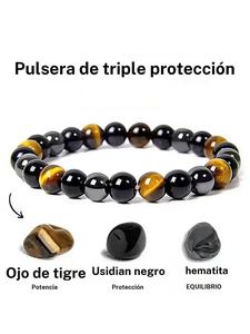 Pulsera de Protección Triple, Protección - Hematita - Obsidiana - Piedra Ojo de Tigre - Diseño moderno y versátil, Joyería autocurativa, Regalo para amigos, Pulsera para hombre.