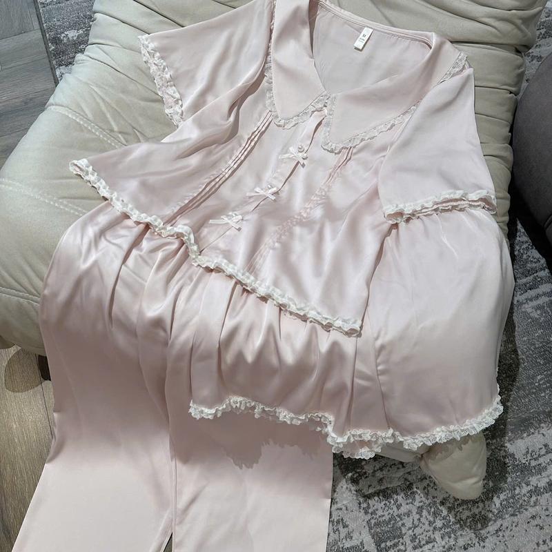 N247- Sét 3 món lụa tiểu thư phối cúc ngọc nơ mẫu mới- Bộ ngủ mặc nhà hàng quảng châu cao cấp cho nữ (women)