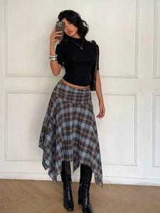 Falda midi asimétrica con estampado de cuadros vintage que estiliza la figura, vestido versátil y a la moda de largo medio, perfecto para uso diario y ocasiones especiales