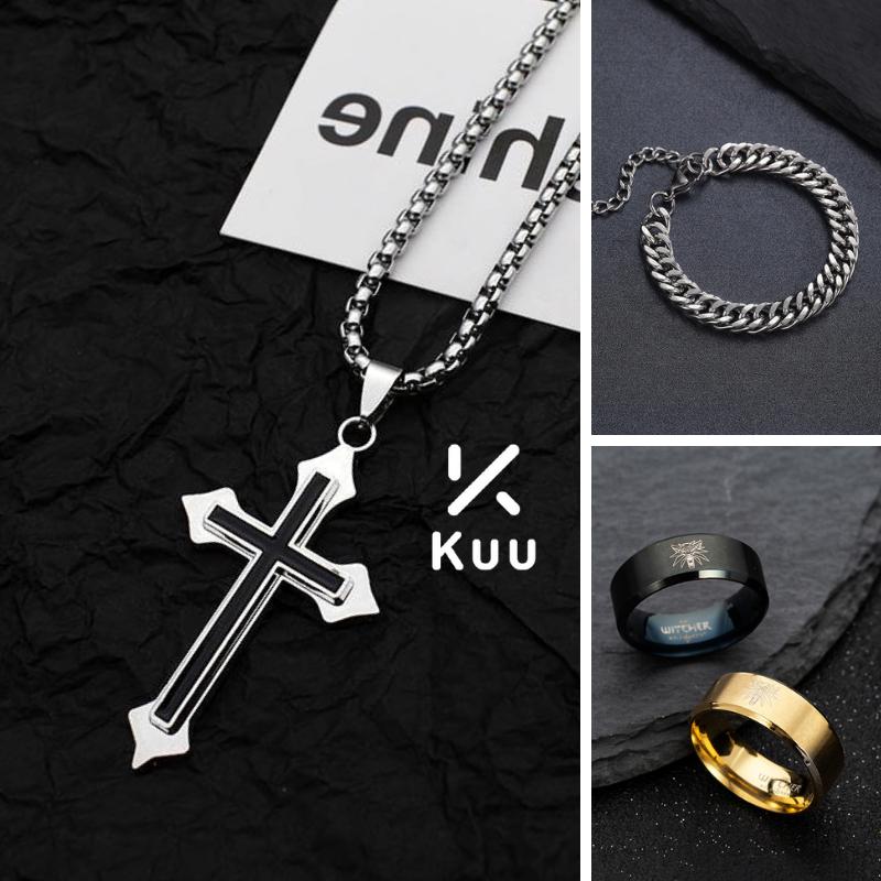 Bộ 3 Sản Phẩm Vòng Cổ Chữ Thập Vòng Tay T.i.n Nhẫn Pander Titan Không Gỉ Thời Trang Nam Nữ Basic Dễ Phối Đồ VCCHUTHAP VTTIN NPANDER Trang Trí Size 8 9 Màu Đen Vàng