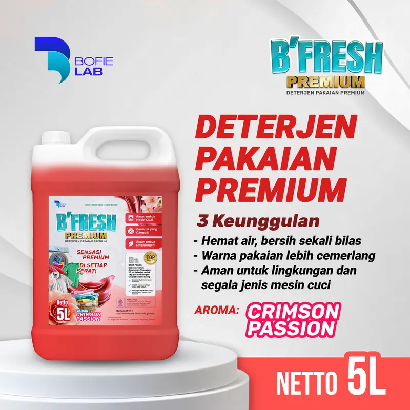 B'FRESH Deterjen Cair Premium 5 Liter / Detergent Liquid Pembersih Pakaian Dan Penghilang Noda 5000ml [5 Liter] BOFIE LAB Clean Cleaner Kain Pewangi Setrika softener 2
