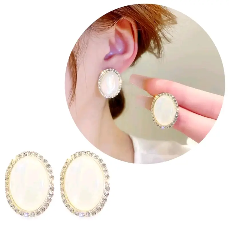 Bree Oval Zircon Stud Earrings Anting Tusuk Resin Model Giok Batu Stone Putih Fashion 0