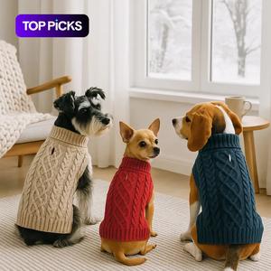 冬用暖かいペット服、ケーブルニット犬用セーター、クラシックなパターンのタートルネックペットセーター、小型犬猫用ソフトで快適なペットウェア用品