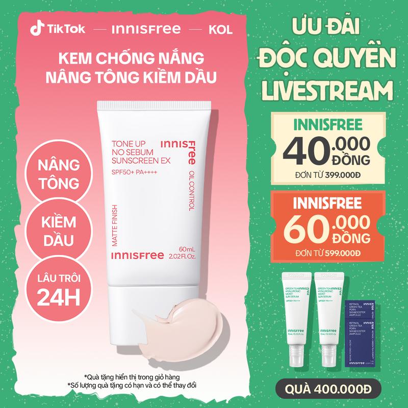 INNISFREE x KOL Kem chống nắng nâng tông kiềm dầu INNISFREE Tone Up No Sebum EX SPF50+ PA++++ 60mL