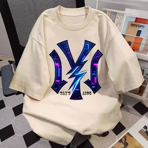 Baju Atasan Gaya Amerika T-shirt Katun Lengan Pendek Model Kerah Bulat dengan Desain Petir Ungu Cetak Fit Kaos