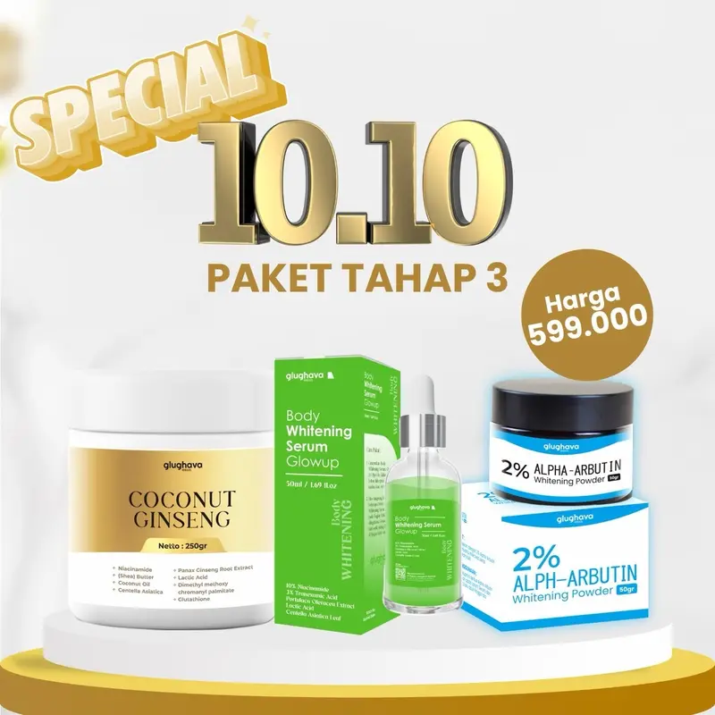 GLUGHAVA - [ BUNDLING TAHAP 3 ]- ( Coconut GINSENG 250gr + B!ang Serum 50ML- Alpha Arbutin 45gr )- (3 Barang) 0