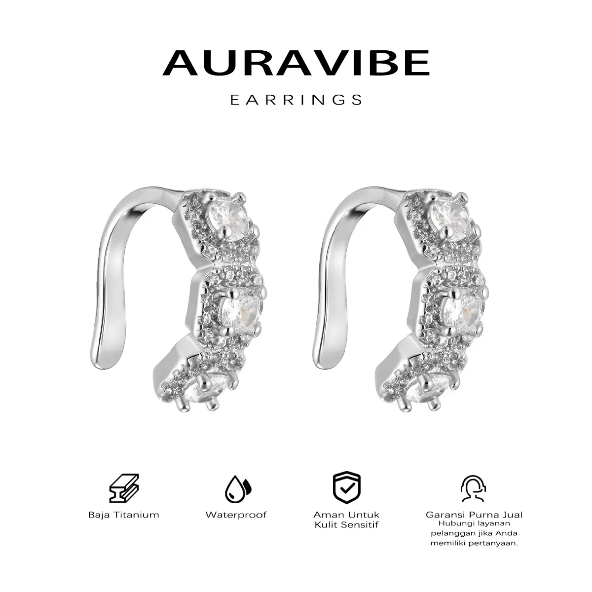 AURAVIBE Anting-anting tulang telinga berlian penuh gula batu tanpa tindik telinga, anting-anting zirkon kilat kubus gula besar kepribadian niche Eropa dan Amerika untuk pria