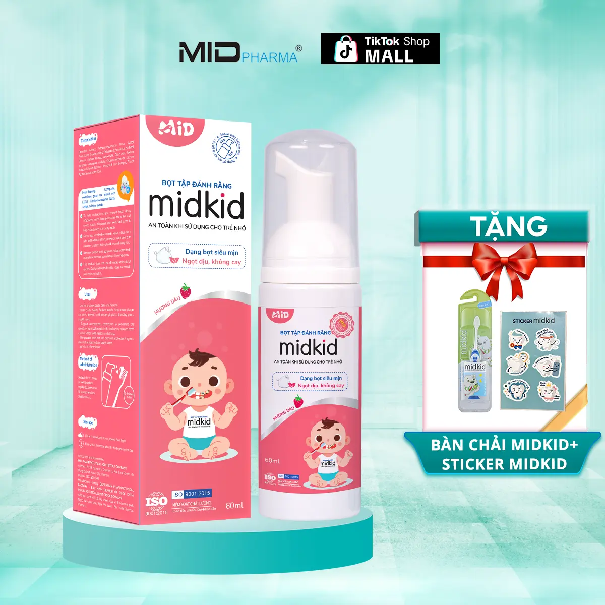 Bọt tập đánh răng Midkid vị Dâu 60ml cho bé từ 1 tuổi, bọt mịn tan nhanh, nuốt an toàn - Tặng Bàn chải thẳng + Sticker