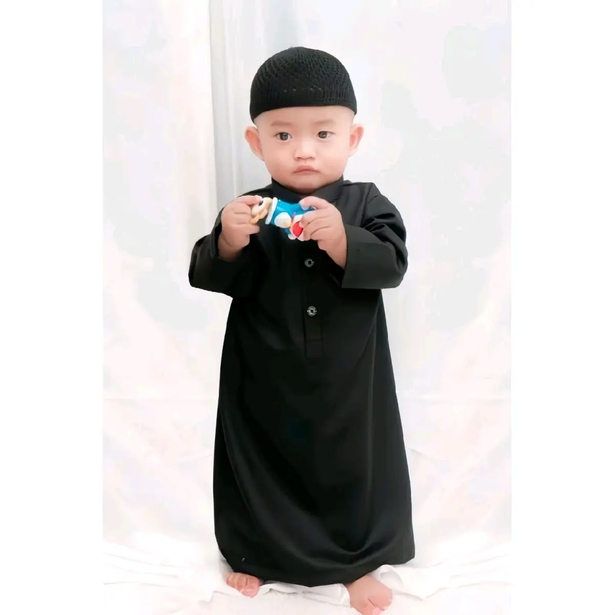 baju jubah gamis koko bayi laki-laki usia 0-12 bulan fre peci dan tasbih 33 butir kayu Anak Kancing Katun Kain Toyobo Lembut Panjang Muslim Cowok