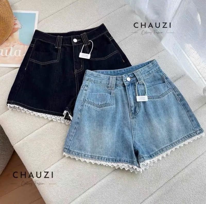 J-226 Quần short jean nữ phối ren trắng xinh xắn Quần bò nữ ống rộng lên from chuẩn