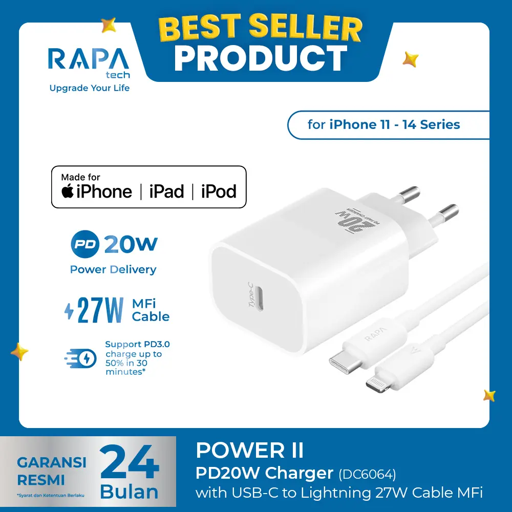 RAPAtech Power II Charger iPhone 11 12 13 14 15 (PD 20W) MFi Kabel C to Lightning DC6064 Charger Mfi Charger iPhone Fast Charging Adaptor Cable