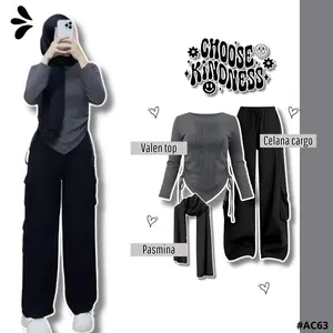 Setelan Outfit 3in1 Valen top Celana cargo Pasmina One set OOTD Korean style Kekinian-AC63