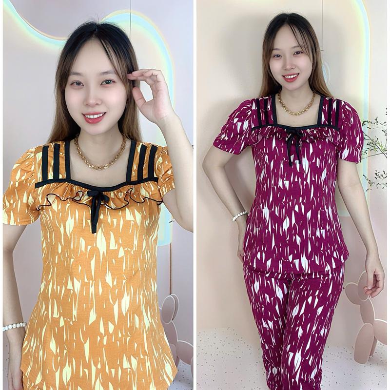 Đồ bộ nữ LỬNG ống ôm thun aty CỔ VUÔNG BÈO NƠ quần qua gối có 2 túi 38kg đến 70kg