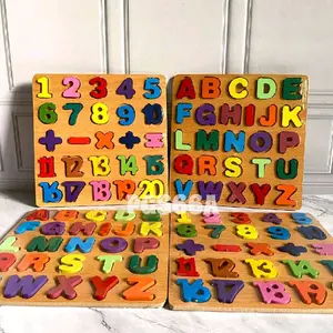 Mainan Edukasi Anak Puzzle Kayu Gelap CHUNKY Bentuk Geometri Angka Dan Alfabet