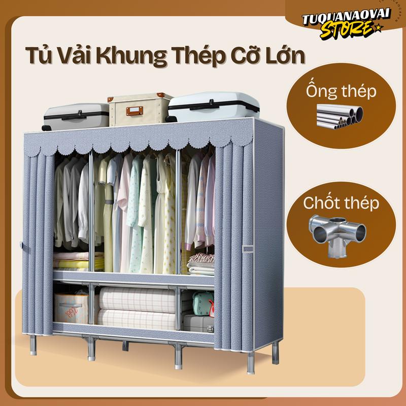 Tủ Vải Khung Thép Cỡ Lớn 3 Buồng 6 Ngăn Vải Oxford Chắc Chắn Tháo Lắp Đa Năng Tủ Treo Quần Áo 170x175x45cm