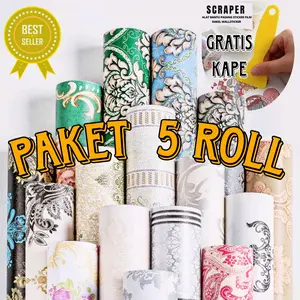 (Gratis Kape) Paket 5 Roll Wallpaper Dinding PVC Non Transparan Grade A Waterproof - Motif Lengkap - 45 cm x 10 m - PAKET 5 ROLL Kertas