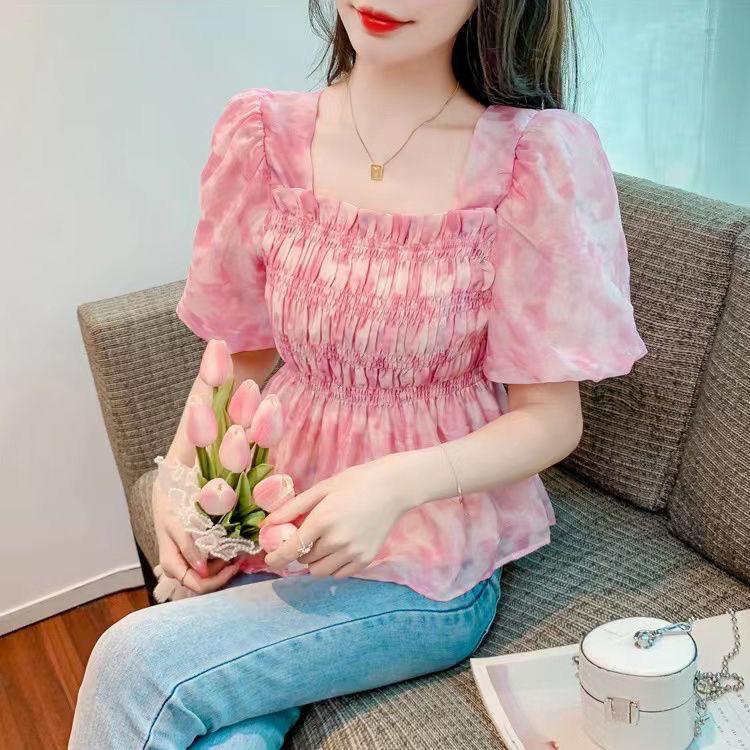 Áo Sơ Mi Hoa Cao Cấp, Tay Áo Phồng, Màu Sắc, Xếp Ly, Giảm Béo, Đa Năng, Ngọt Ngào, Voan, Mùa Hè Nữ Women Top Màu Hồng Voi Shirt 3