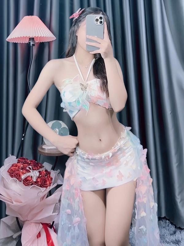 Set Bikini set đi biển 2 món Áo quây Bra tag bướm chân váy vải 3D lanbishop LB39