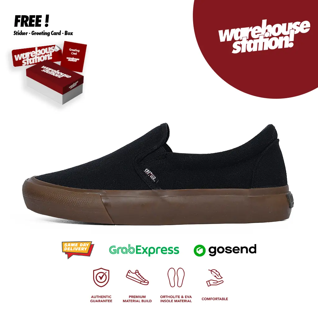 SABA Vintage Slip On ALL Black Dark Gum - Sepatu Sneakers Casual Pria Wanita