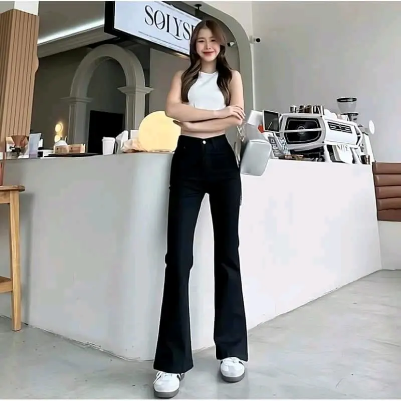 Celana Jeans Cutbray Highwaist Stretch Premium Panjang Long Basic Cutbray Wanita - Skinny, Hitam Cewek 2