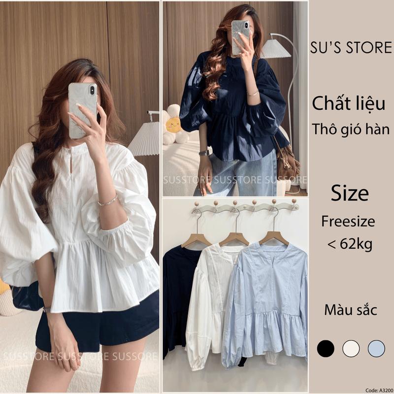 Áo Babydoll Khóa Thân Trước Gân Nổi Tay Bồng Chun Susstore A3200 Thời Trang Nữ 