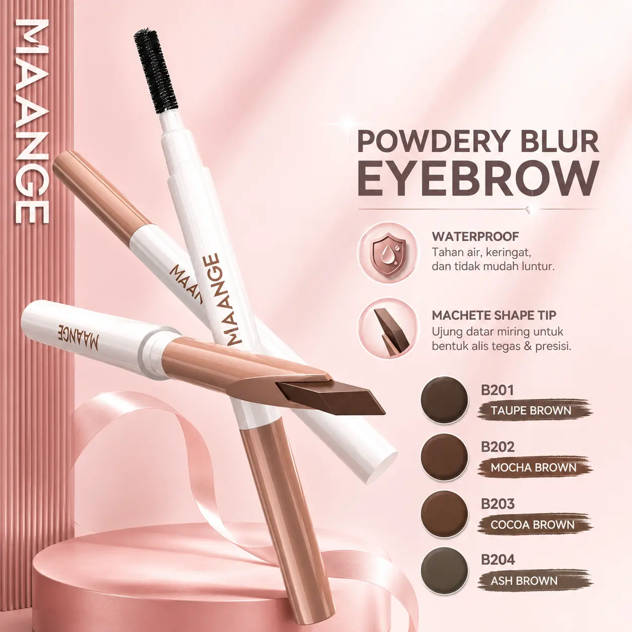 MAANGE Pensil Alis 3-in-1 Waterproof MG-E04 – Micro-Blade Presisi, Warna Intens, Anti Gumpal, Tahan Air 16 Jam, Dengan Spoolie & Ujung Datar Untuk Bentuk Alis 3D Natural & Rapi