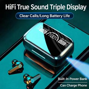 TWS Bluetooth wireless high‑definition headphones with a 2000mAh battery and a digital LED display (M19), equipped with a flashlight and capable of charging a mobile phone; wireless Bluetooth headphones