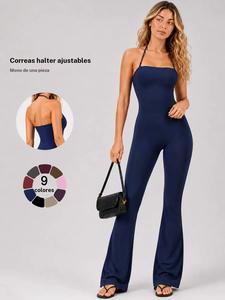 Body de yoga para mujer sin mangas con cuello halter, mezcla suave de nailon y spandex, pierna acampanada, traje activo de una pieza para uso diario, entrenamiento al aire libre y fitness, apto para todas las estaciones