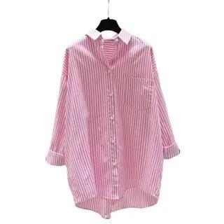 Briana Kemeja - Size S M L XL XXL 3XL 4XL/5L - Kemeja Wanita Jumbo - Kemeja Salur Jumbo - Kemeja Salur Jumbo - Kemeja Wanita Big Size Atasan Panjang Baju Kancing Katun Casual Kerja Oversize Navy Cewek 1