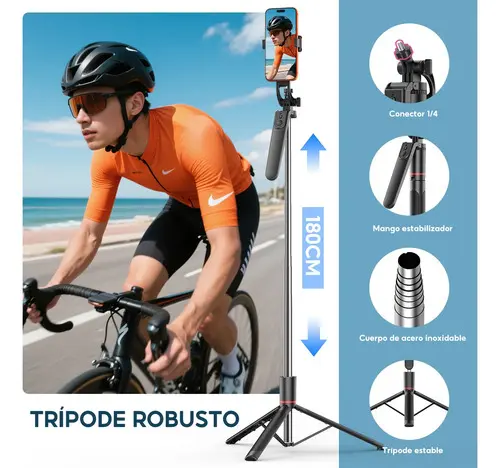 JQVITEK TR38 Trípode Palo Selfie 1.8m con Control Inalámbrico, Bastón Extensible Rotación 360°, Soporte Móvil Portátil Compatible con iOS y Android - Foto 3