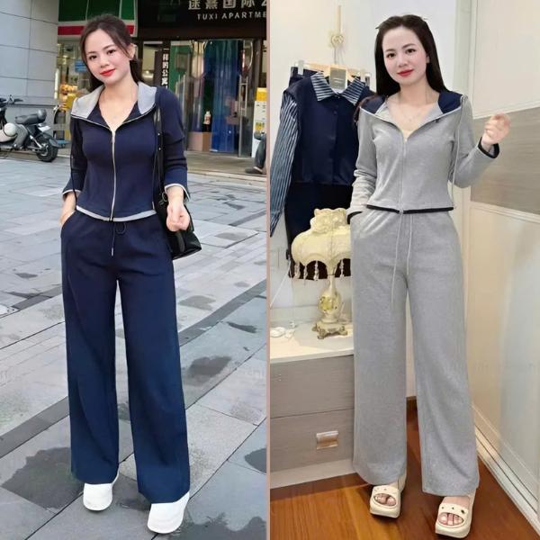 Bộ Đồ Nữ Áo Dài Tay Khóa Kéo Có Mũ Mix Viền gấu Trẻ Trung Kèm Quần Ống Suông - Sét Bộ Chất Thun Co Giãn 2 chiều From Dáng Đẹp Dành Riêng Cho Phái Đẹp