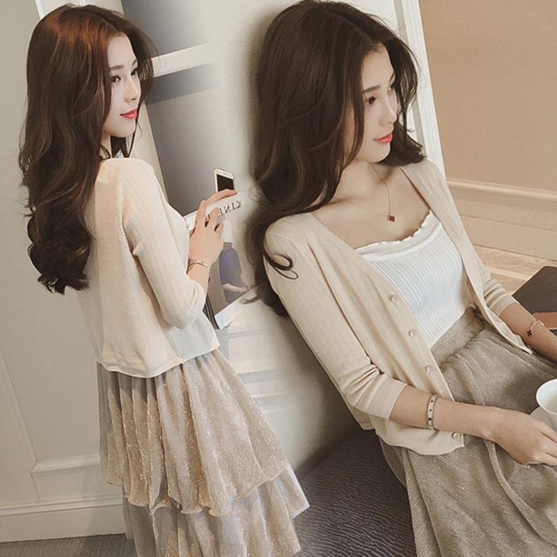 Product Introduction of Ice silk knitted cardigan short jacket for women in spring, autumn, and summer, thin outer layer, shawl with suspender skirt, sun protection top Knitwear Womenswear Lingerie Comfort 2