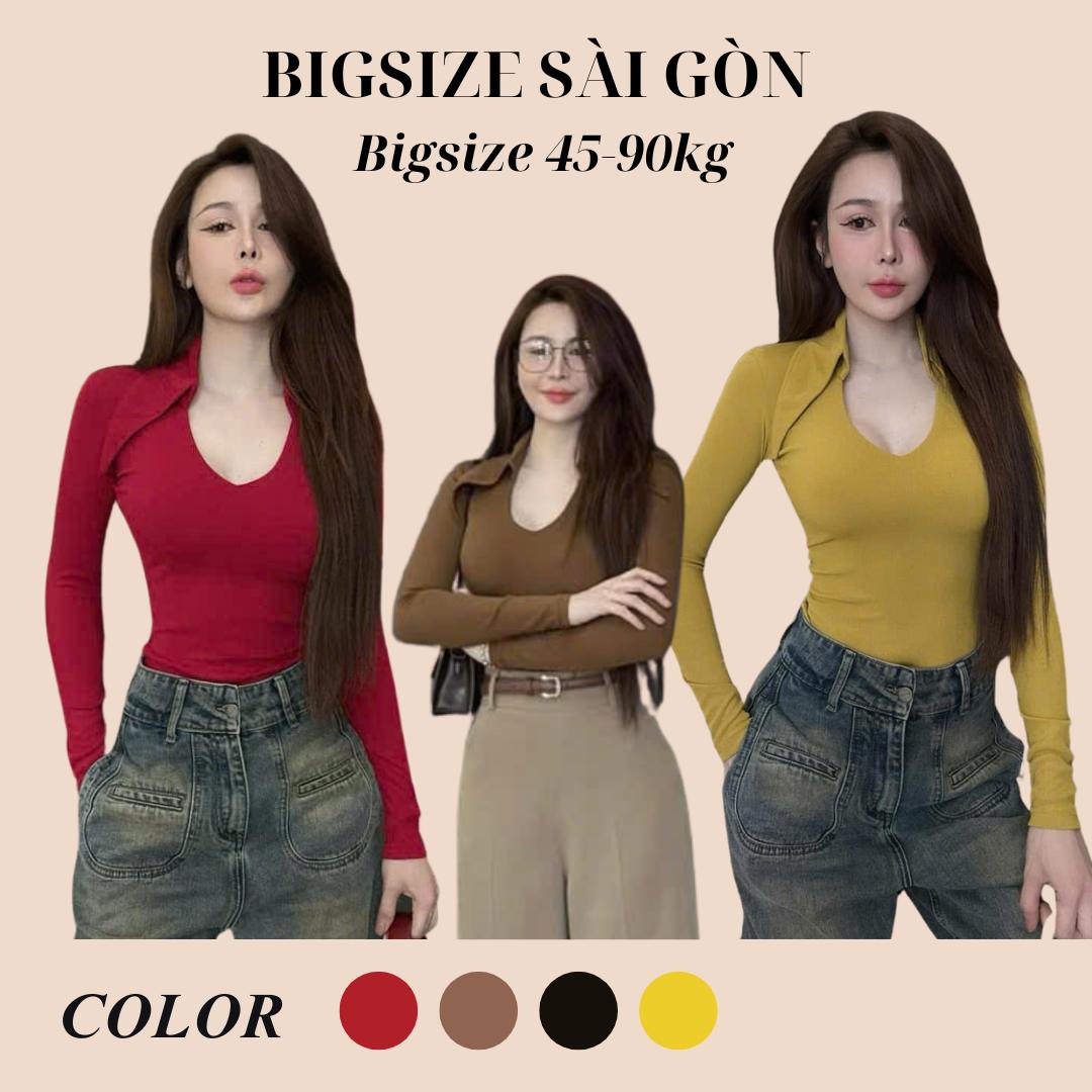 Áo Thun Polo Nữ tay Dài phối Cổ V Gợi Cảm Vải Thun Gân Tăm Cao Cấp Thanh Lịch Bigsize 45–80kg Béo Xinh Shop - A.1601