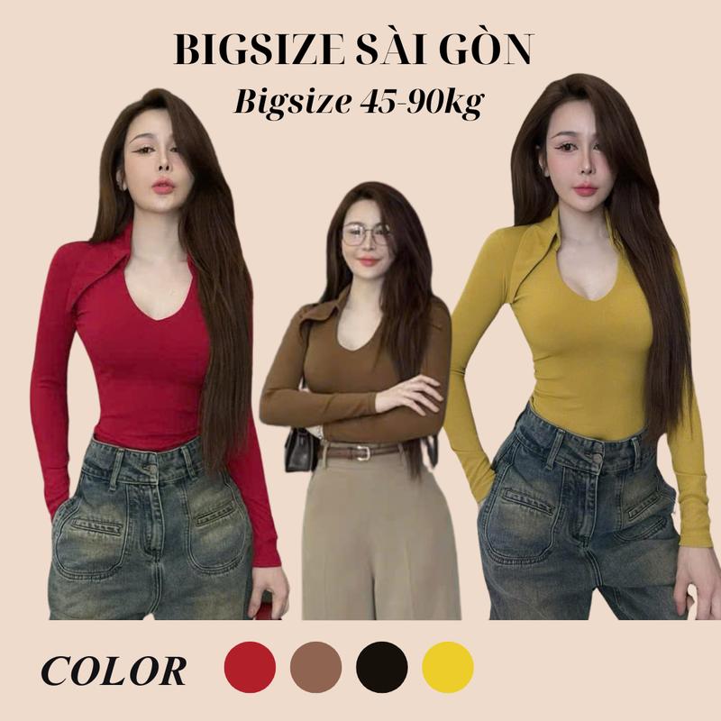 Áo Thun Polo Nữ tay Dài phối Cổ V Gợi Cảm Vải Thun Gân Tăm Cao Cấp Thanh Lịch Bigsize 45–90kg Béo Xinh Shop - A.1601