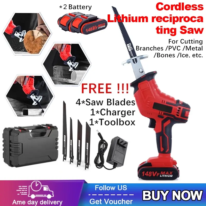 988VF Hand Saw Cordless Reciprocating Saw Gergaji Elektrik for Wood Metal Cutting with 2 Battery Chain Saw Mesin Kayu Tools