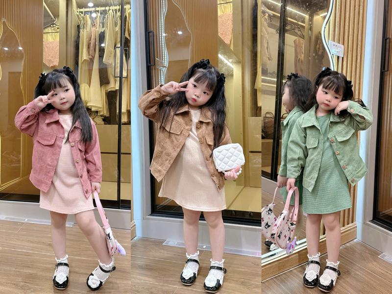  Sét Váy 2 Chi Tiết Áo Nhung Tăm + Kèm Váy Đầm Liền Thân Xinh Xẻo Cho Bé Gái 