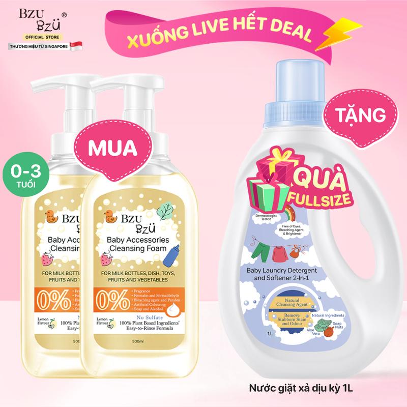 Combo 2 Chai Nước Rửa Bình Sữa Và Dụng Cụ Em Bé BZU BZU Tạo Bọt Hương Chanh 4 Công Dụng 500ml Cho Bé cọ  rửa