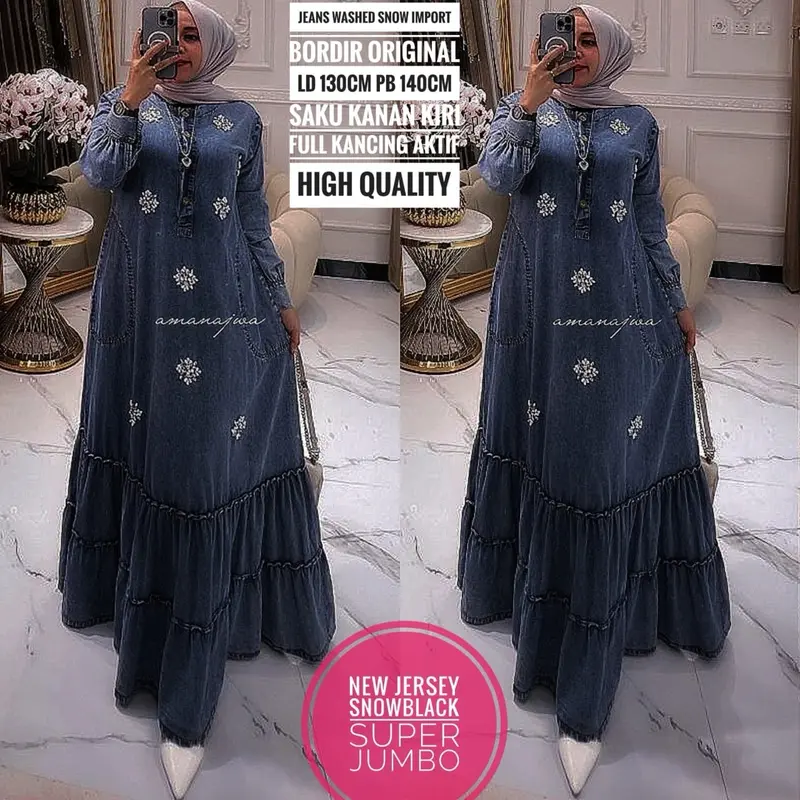 Gamis Jeans Wanita Muslim Terbaru Ld 130 cm Pj 140 cm Bahan Halus Rempel Bawah Kancing Depan Aktif Lengan Panjang Bordir Original Best Seller Recommended Fit Kerja 1