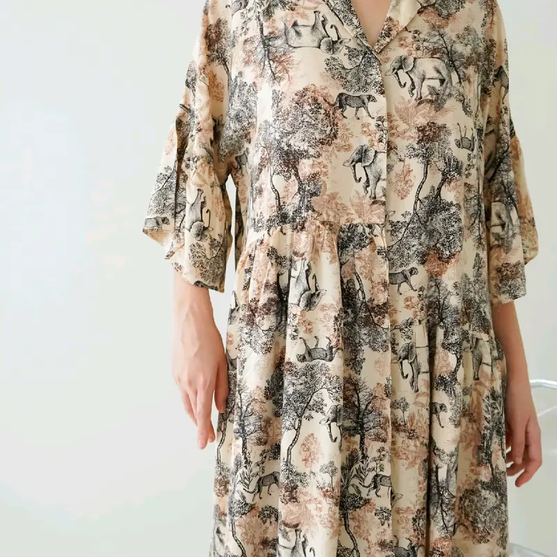 Dress Wanita Elegant Floral Rayon Dress Kekinian midi dress casual Ruffle Nyaman daster rayon premium วินเทจ biru Flowy Lembut 2