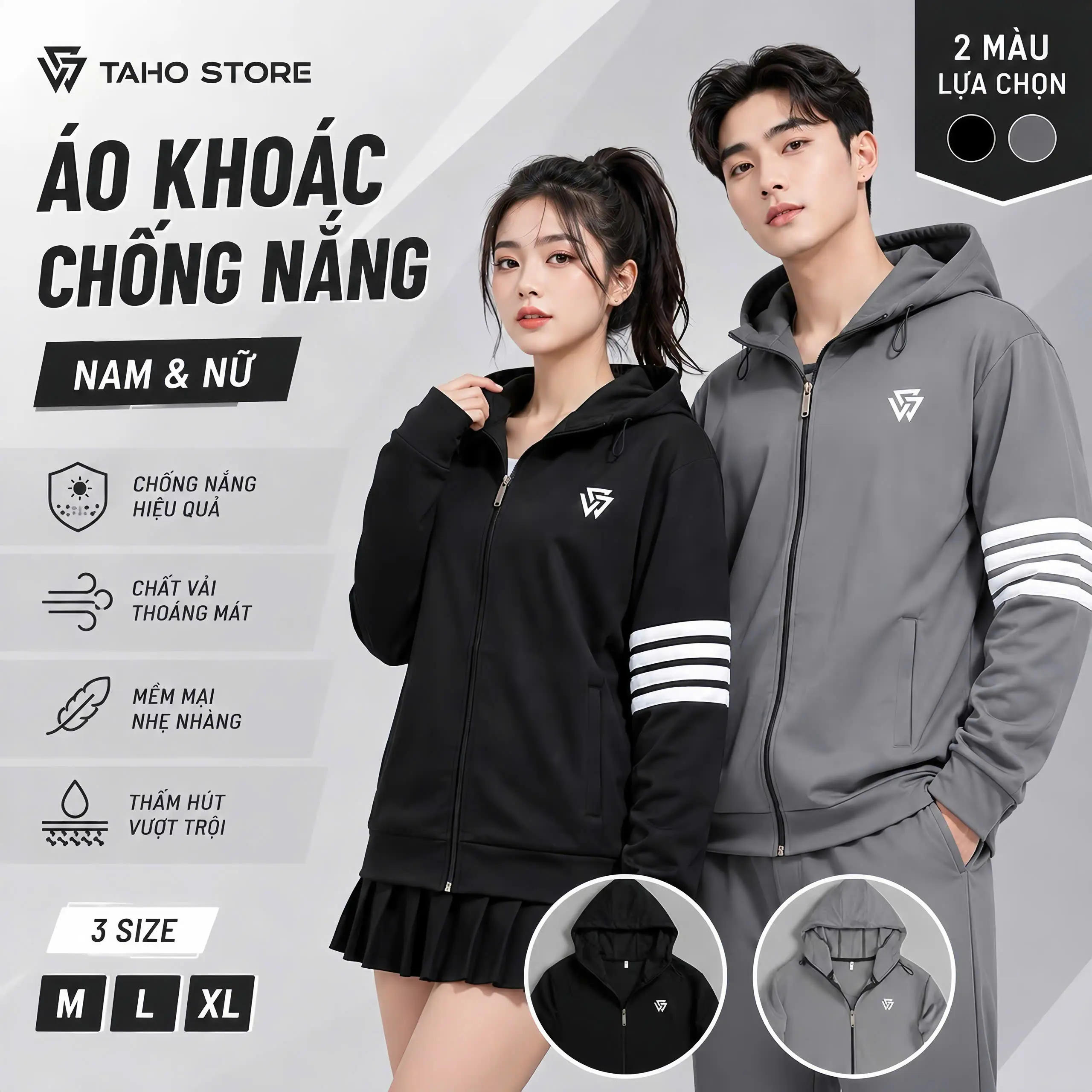 Áo Khoác Chống Nắng Nam Nữ 4 Sọc Chống Gió, Chống Tia UV TAHO Fashion Nón To, Tay Xỏ Ngón. Menswear Jacket