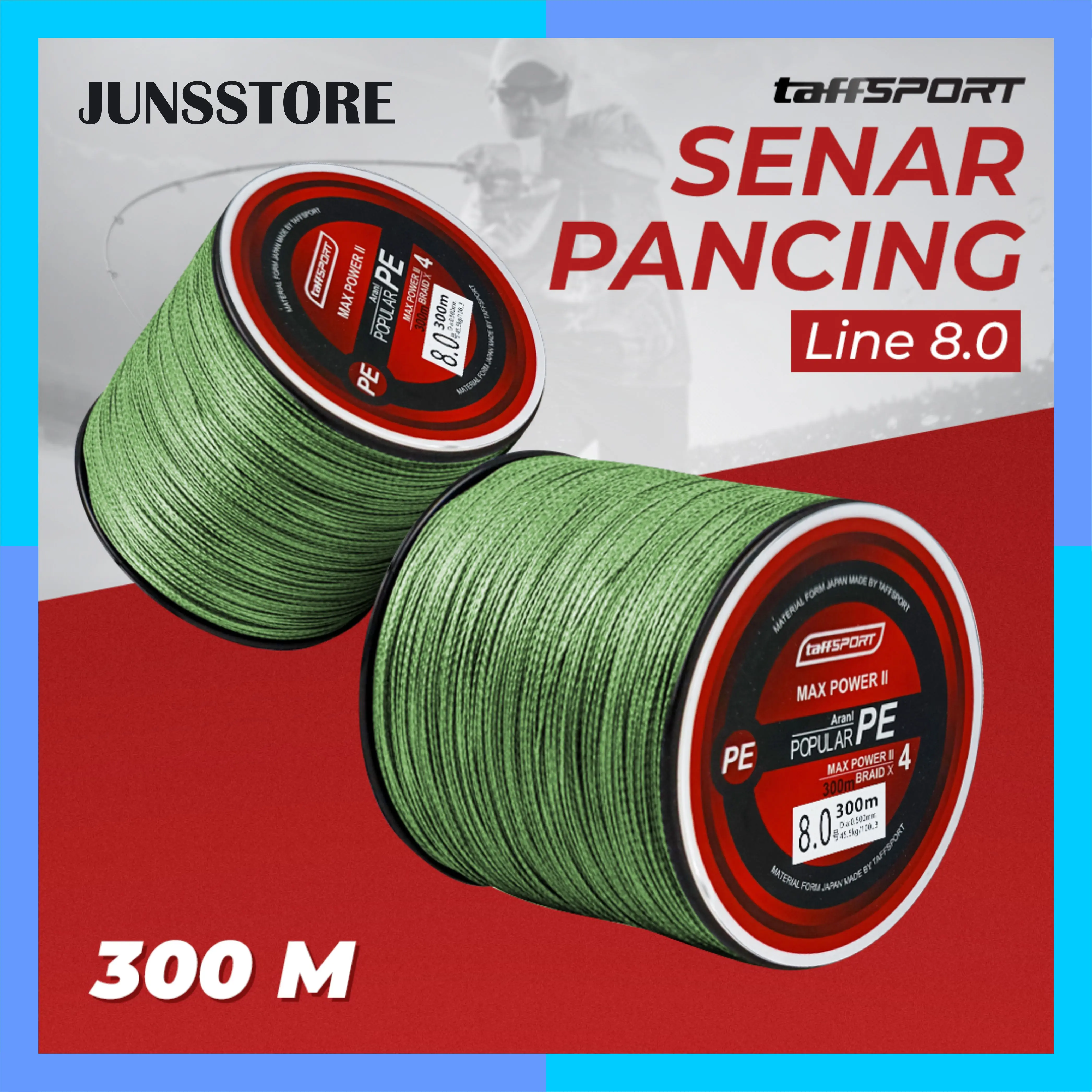 Senar Pancing PE Super Kuat TaffSPORT 300m Tali Anti Kriting Motif Braided - Kenur Hijau Abu-abu